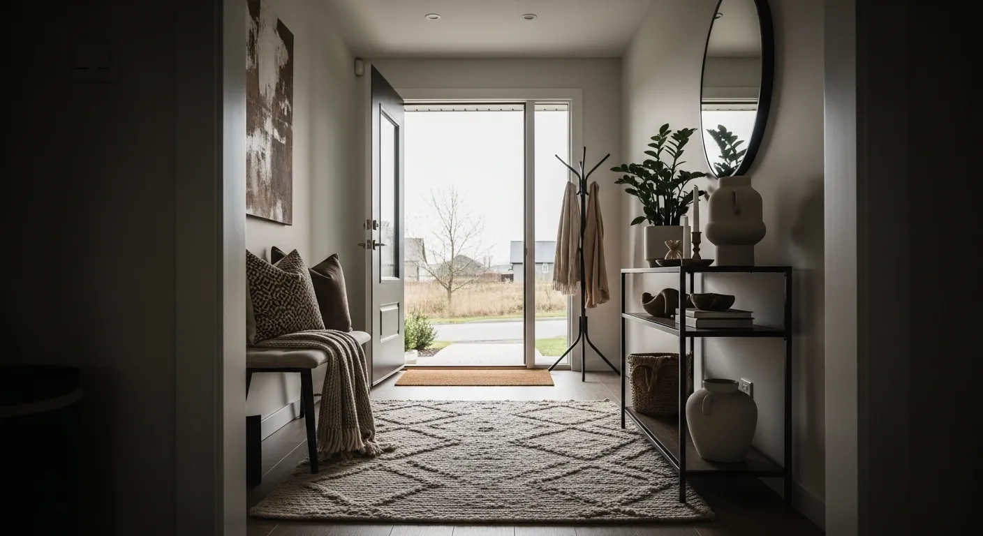 Mocha console table with round wall mirror and soft entryway lighting