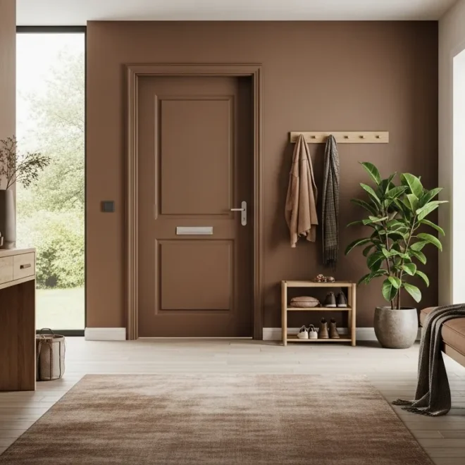 Modern entryway featuring a sleek minimalist console table against rich mocha brown walls.