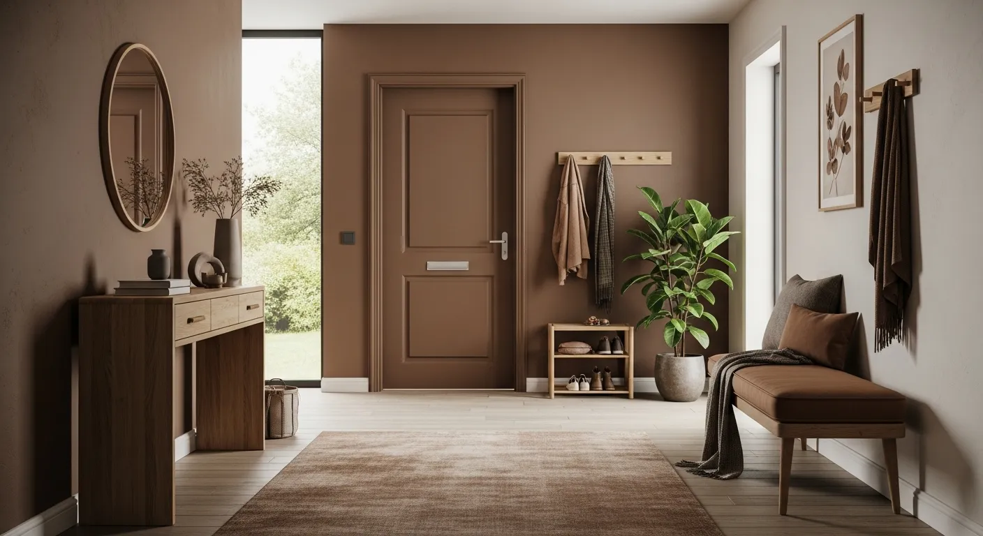 Warm mocha wall paint with minimalist console table showcasing modern entryway ideas