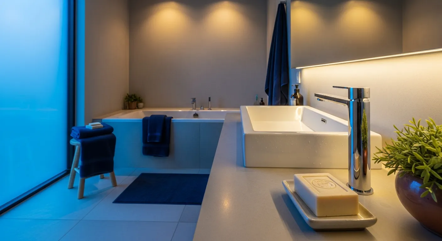 Sleek minimalist bathroom ideas navy cabinetry organization