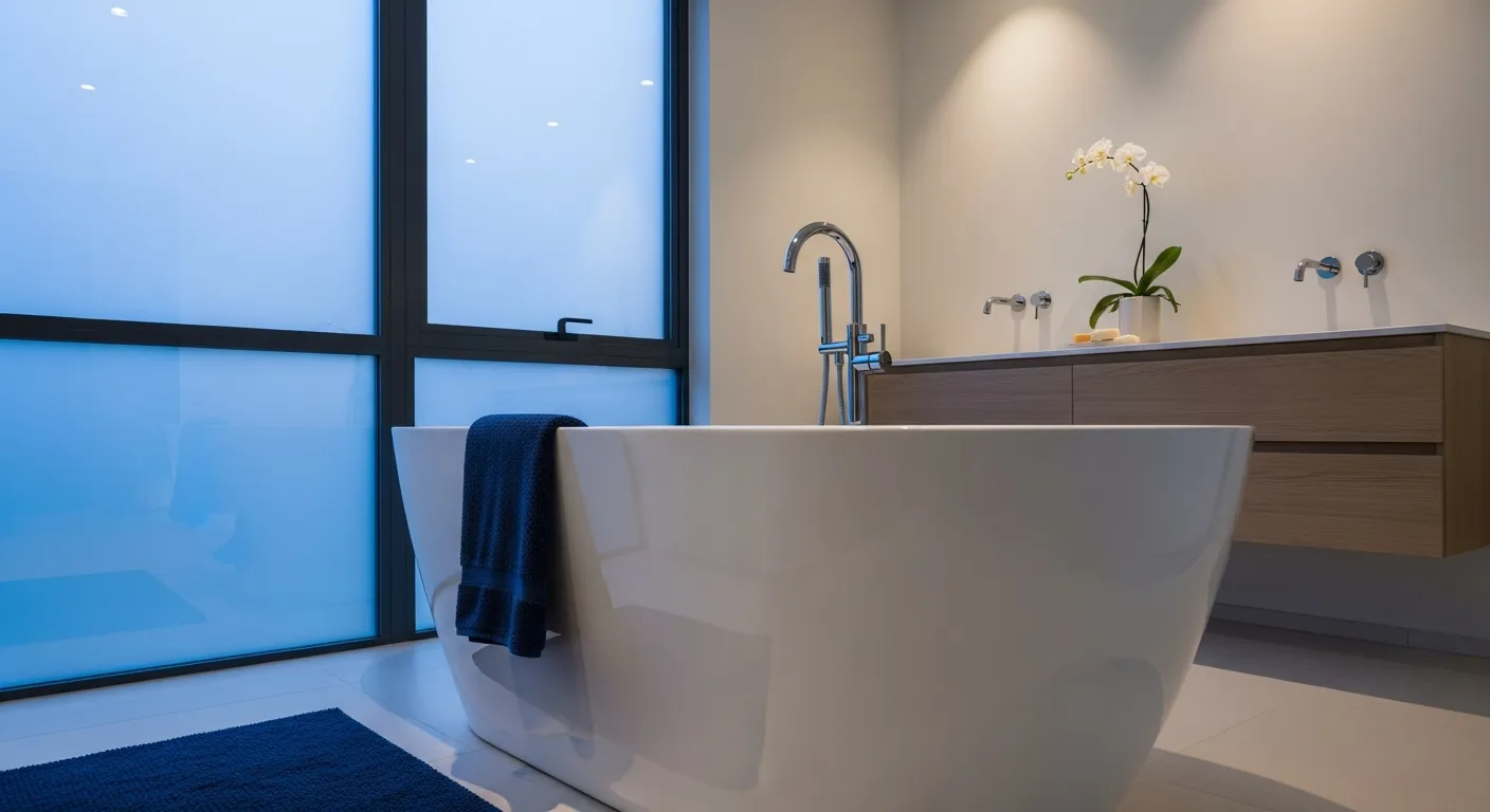 Clean line minimalist bathroom ideas navy blue focal point