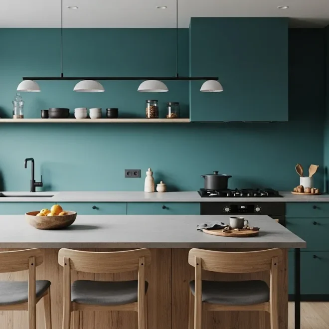 Minimalist Japandi kitchen featuring deep teal cabinetry and light oak textures