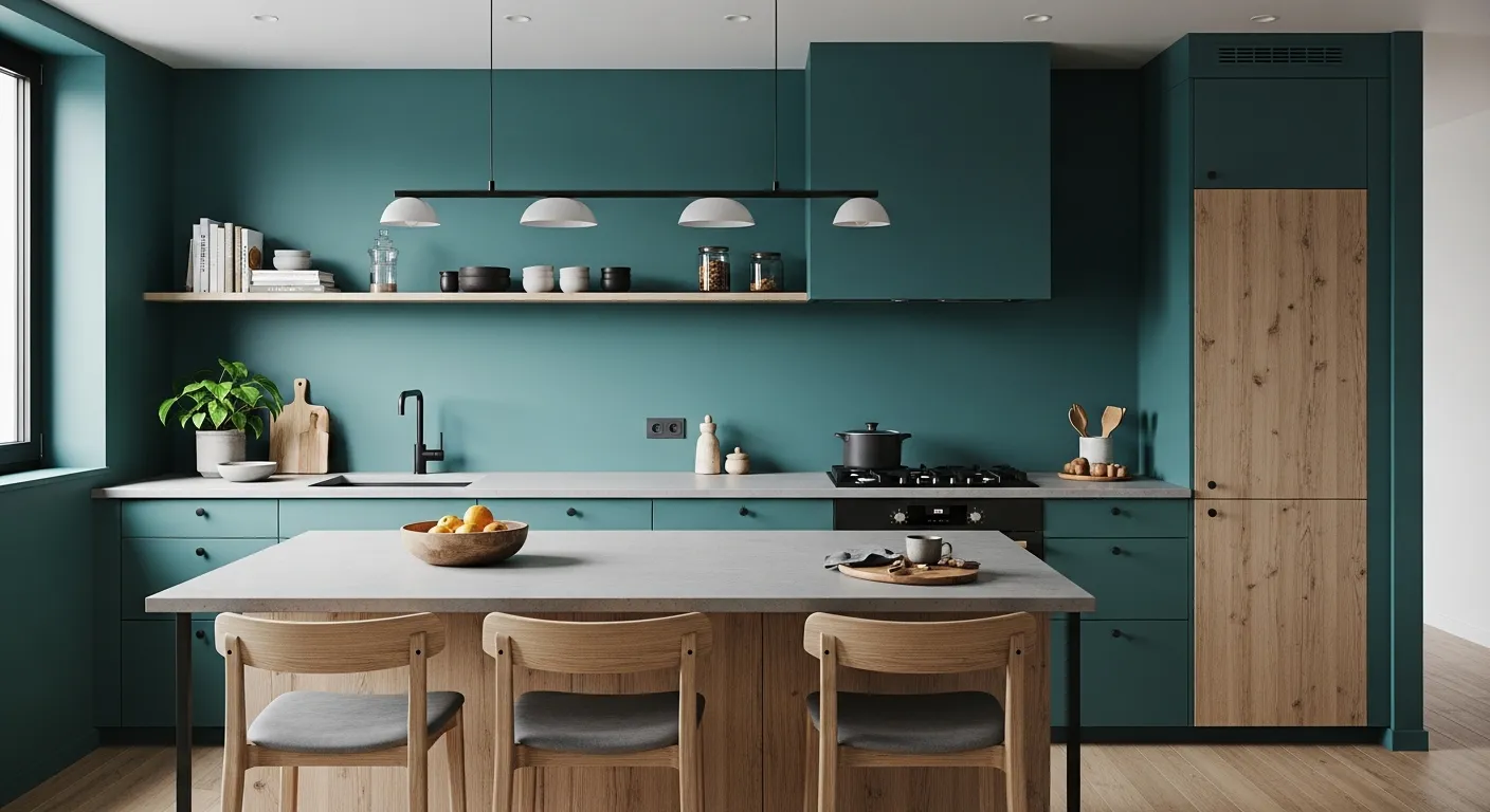 Minimalist Japandi kitchen ideas featuring deep teal cabinetry and light oak textures