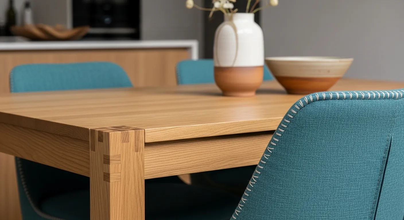 Furniture focused Japandi kitchen ideas with muted teal cabinets and warm oak wood details