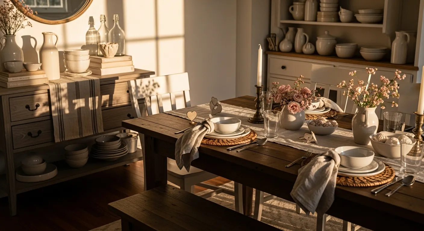 Bright off-white farmhouse dining room highlighting a rustic wooden table and a complementary warm color palette