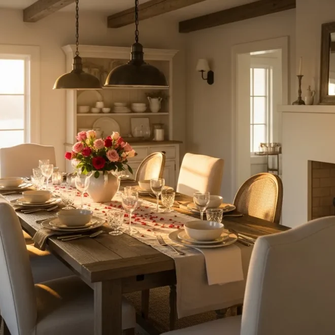 Bright off-white farmhouse dining room featuring a rustic table and vintage decor.
