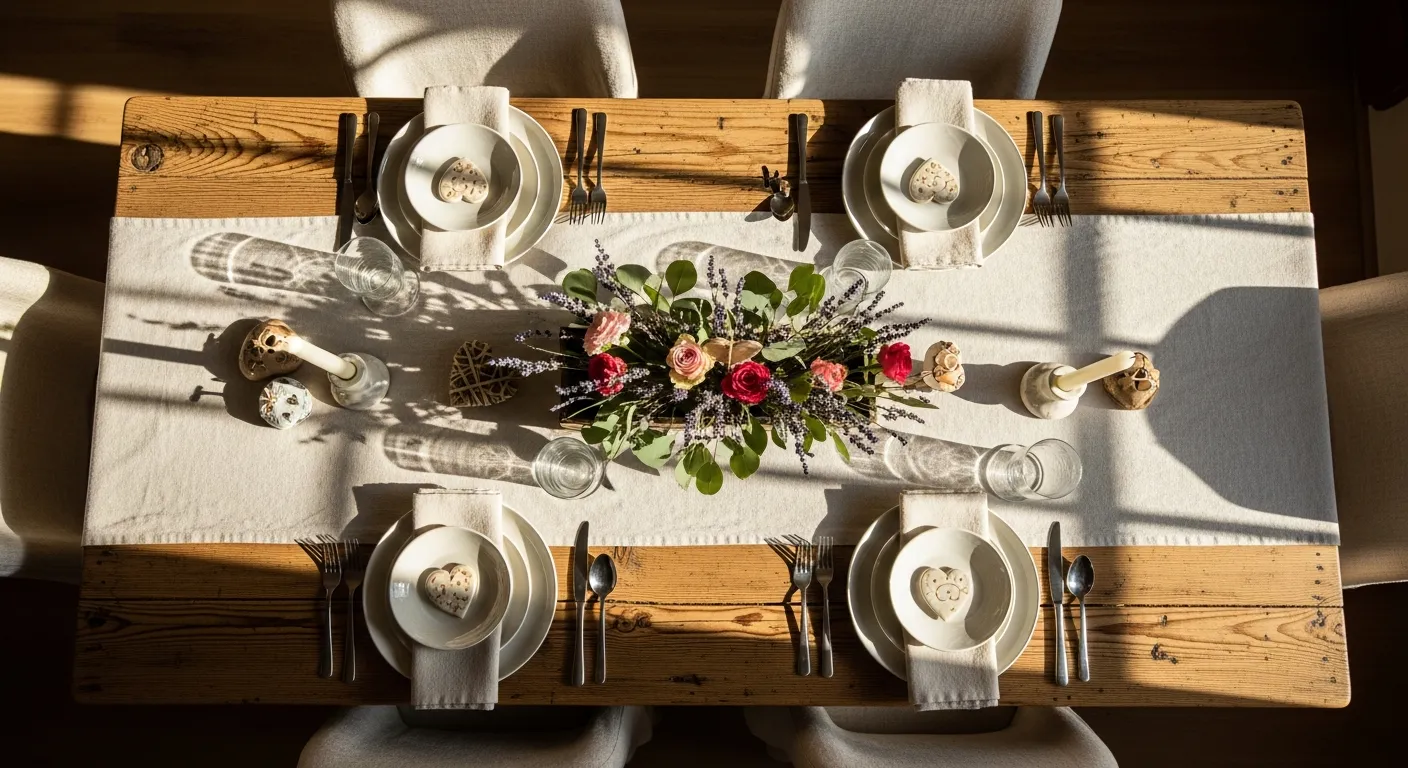 Creamy off-white walls highlighting a rustic wooden table in a warm and inviting farmhouse space