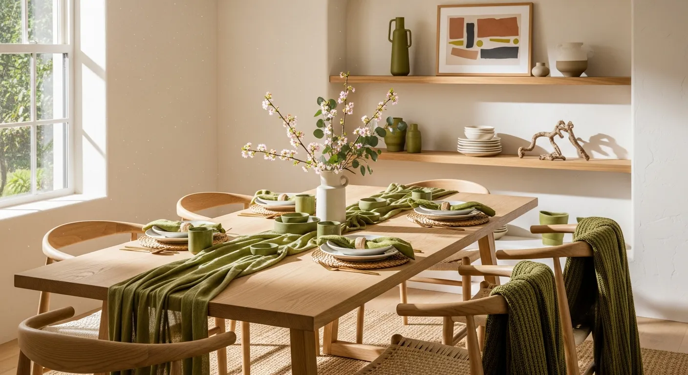 Japandi dining room interior with contrasting olive green walls, warm wooden accents, and minimal styling