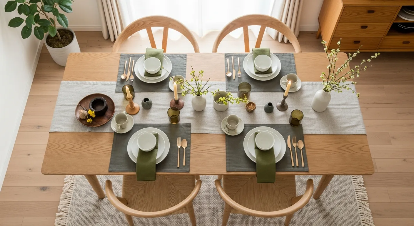 Oak wood dining table against a rich olive green accent wall in a Japandi inspired home