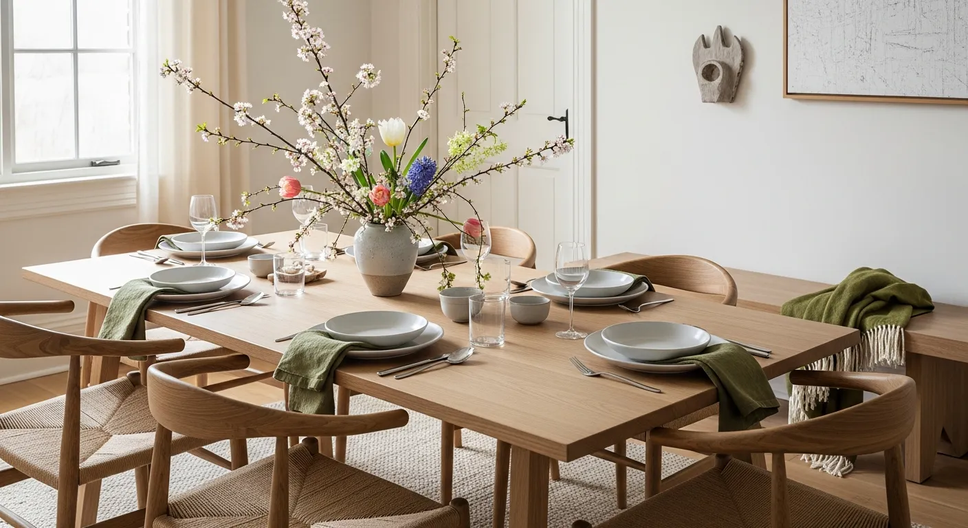 Serene Japandi aesthetic dining room decorated for spring featuring olive green accents