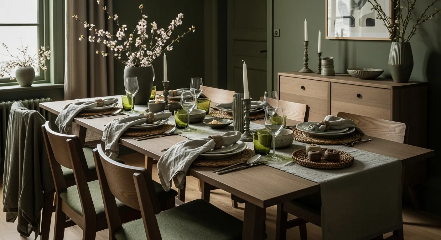 Olive green walls and natural wood furniture in a tranquil Japandi dining room setting for spring