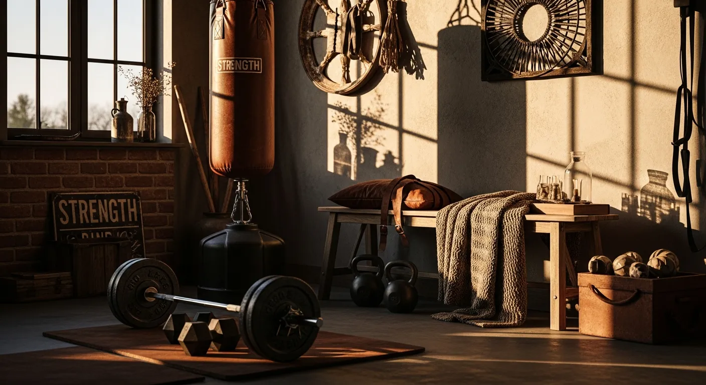Color combinations for a rust farmhouse home gym with vintage wood elements and cozy accents