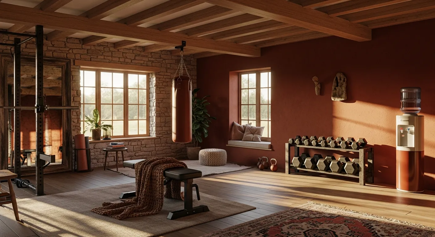 Psychology of color in rust farmhouse home gym ideas with rustic wood shelves and warm walls