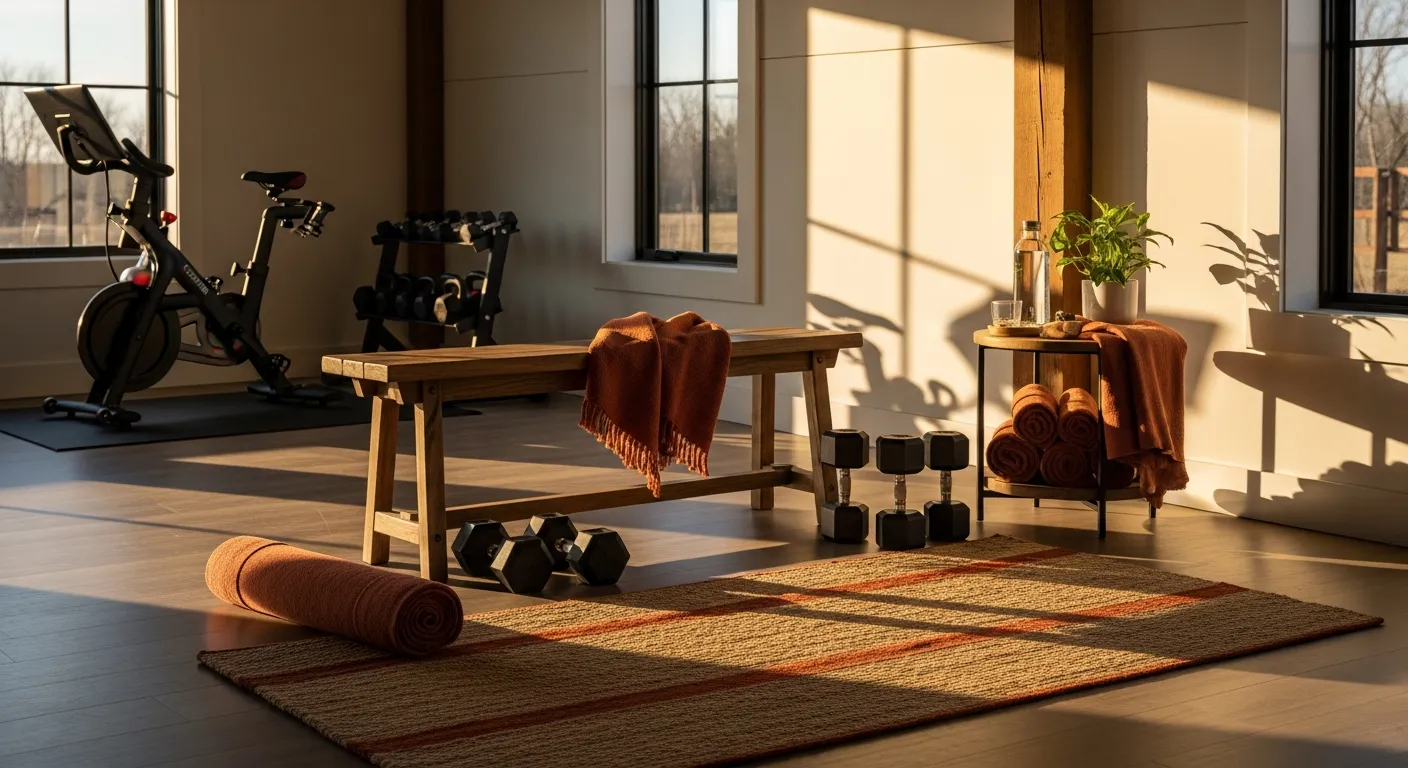 Step-by-step setup for a farmhouse style home gym with wooden details and exercise equipment