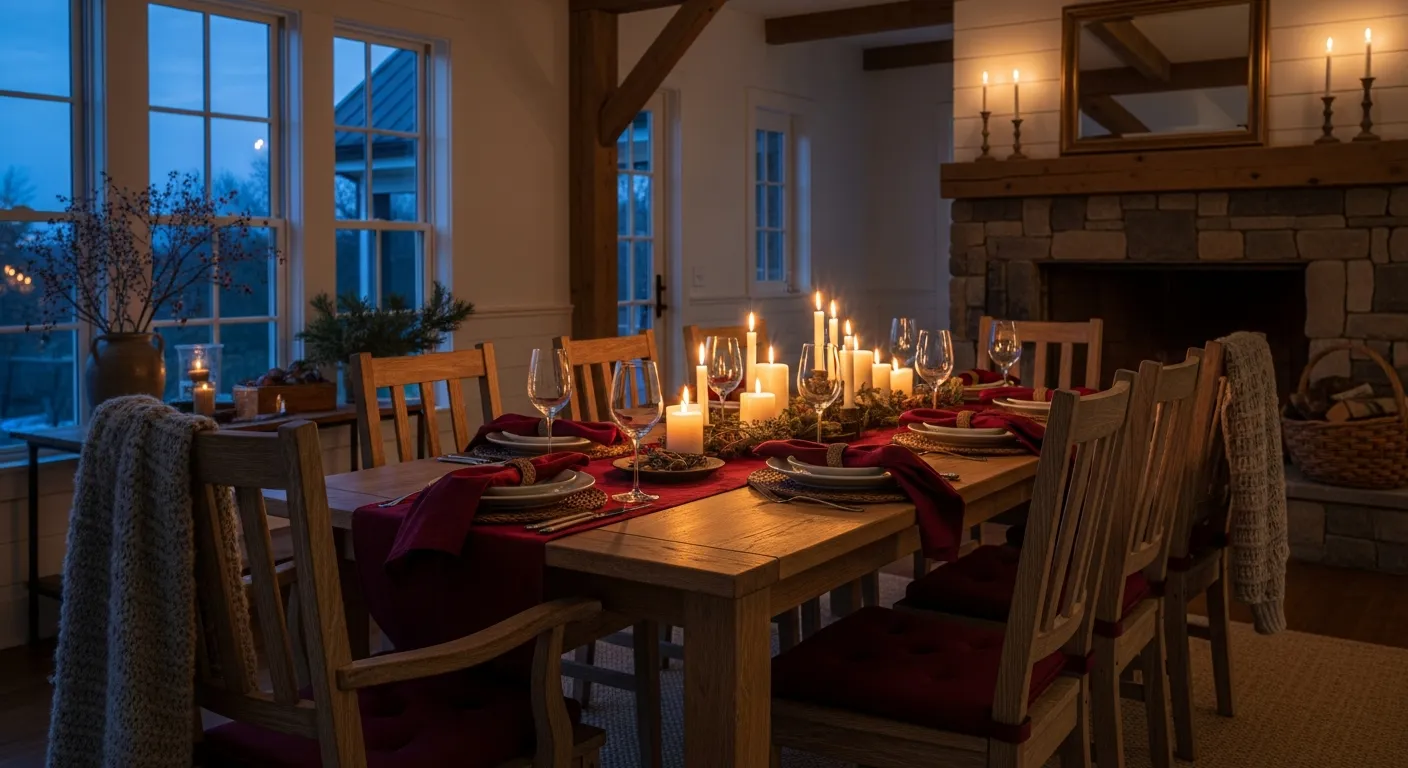 Classic Farmhouse Dining Room showcasing a rich burgundy accent wall and wood table