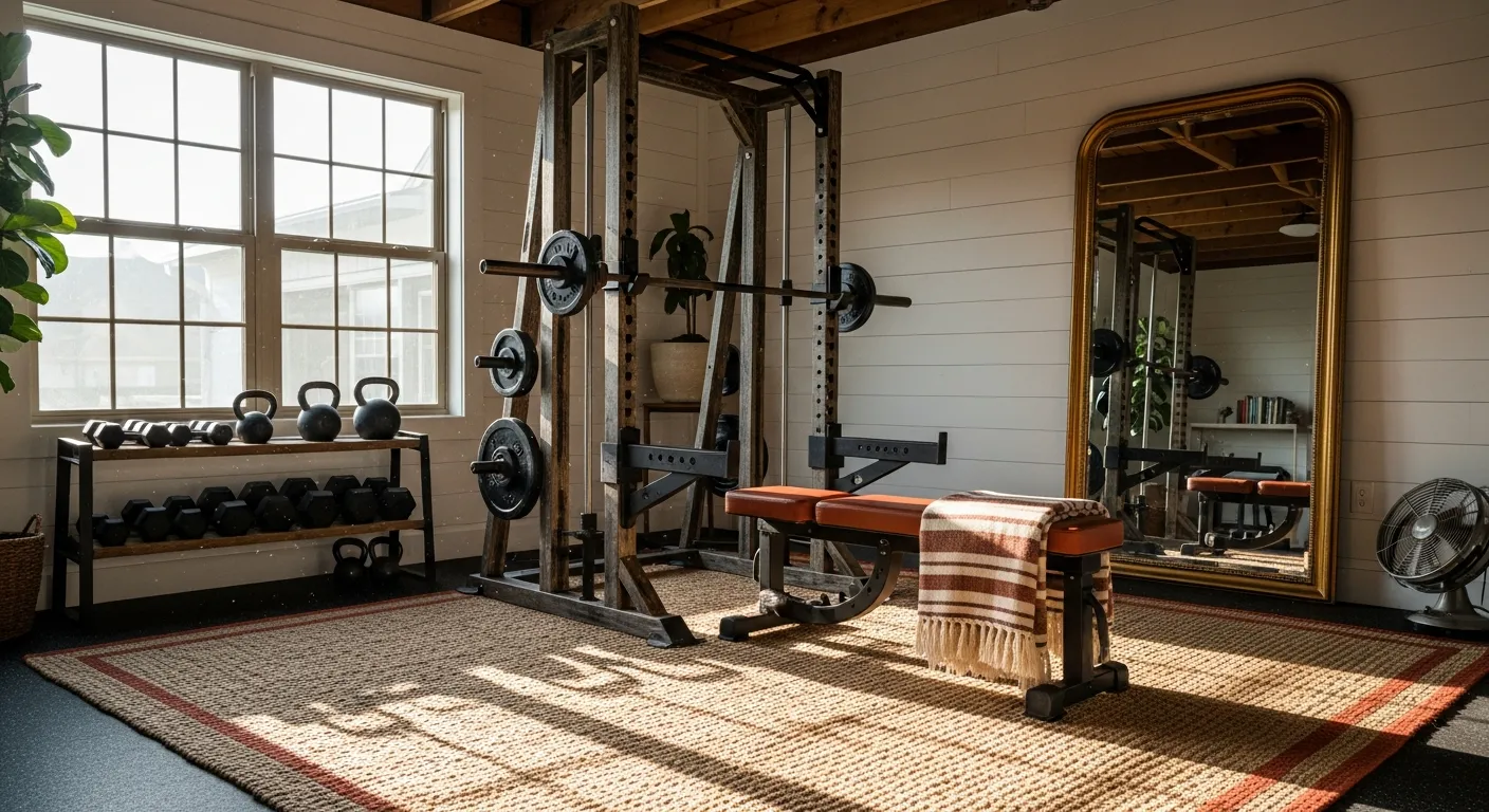 Recreating a farmhouse home gym with vintage weights and warm rust painted accent walls