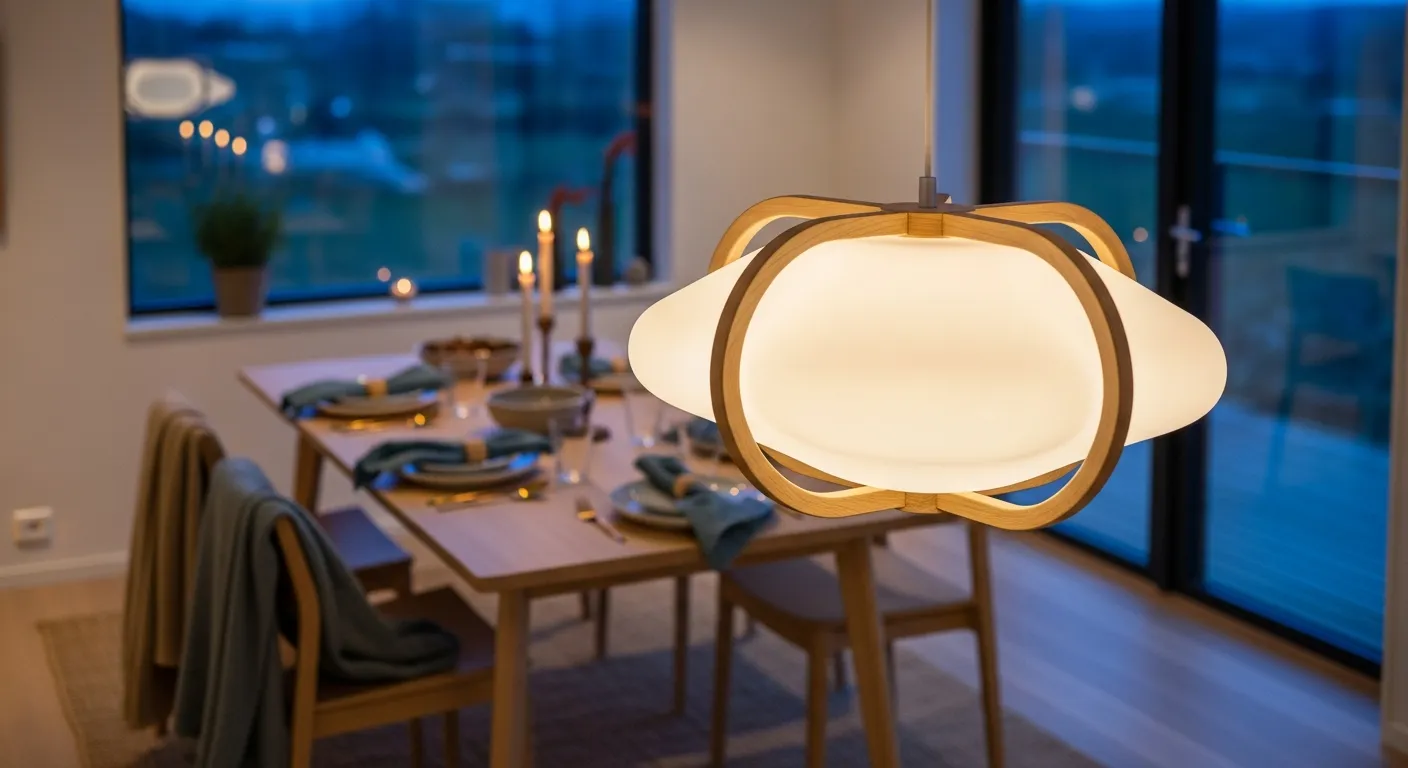 Serene minimalist Scandi dining room featuring warm oak furniture and dusty blue painted walls