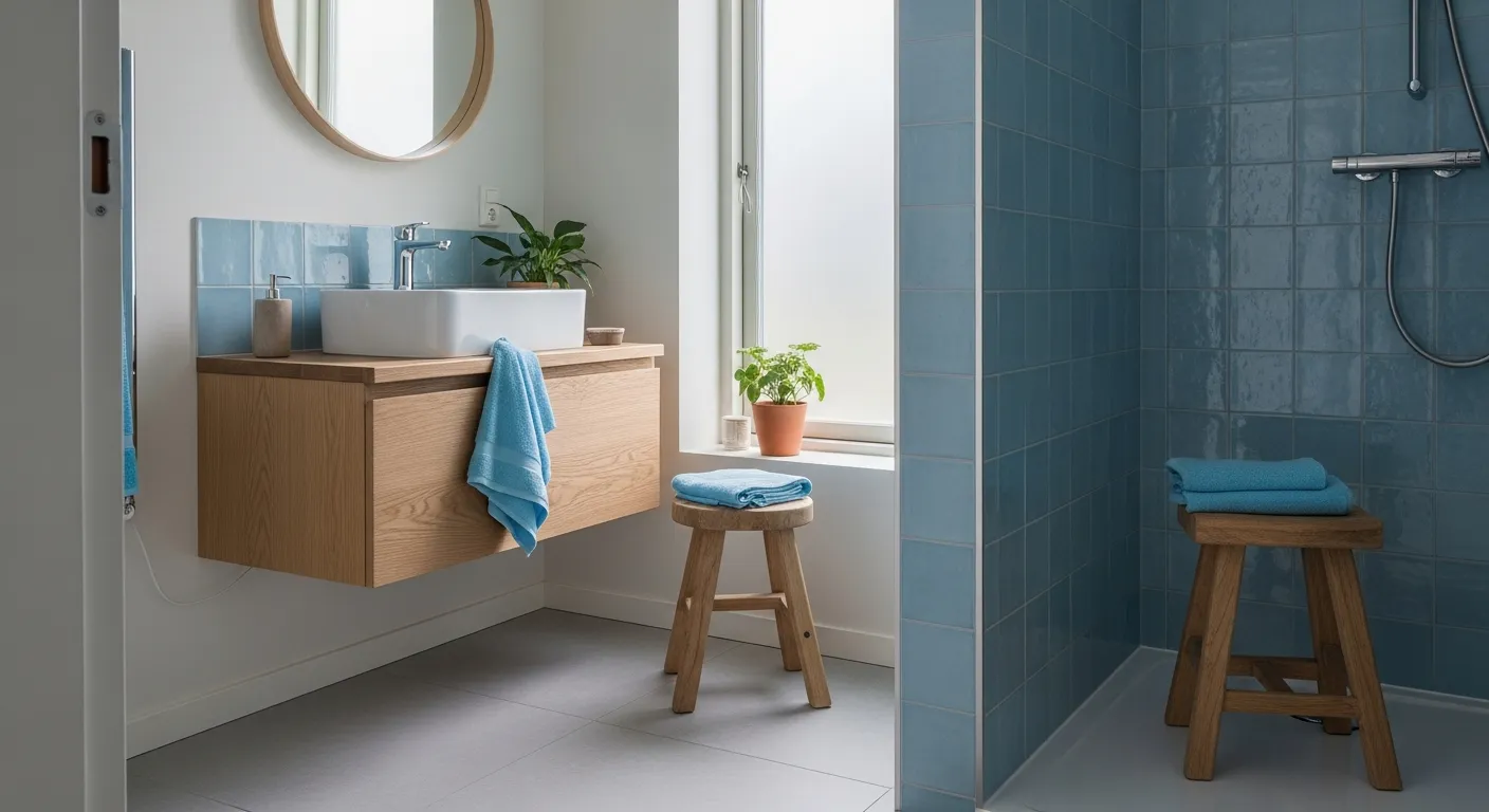 Affordable DIY Scandi bathroom ideas using sky blue accents