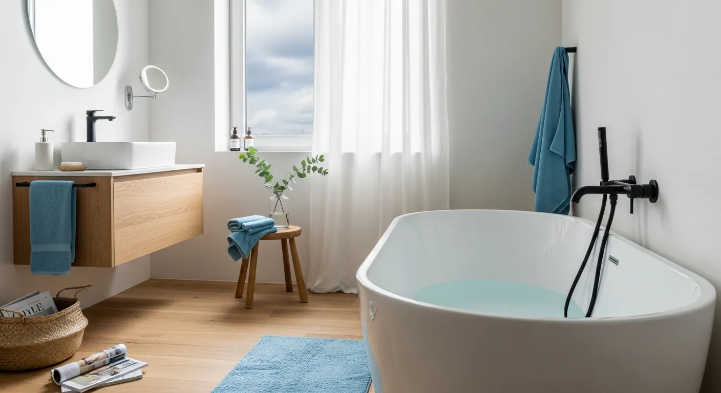 Step by step renovation Scandi bathroom ideas with blue tiles