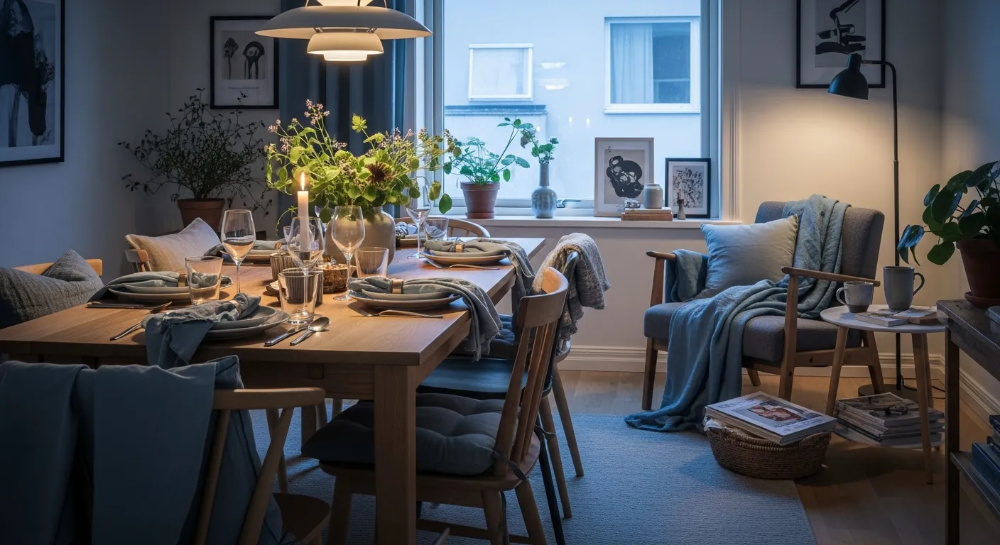 Affordable Scandinavian styling tips featuring a light wood table and dusty blue dining room decor