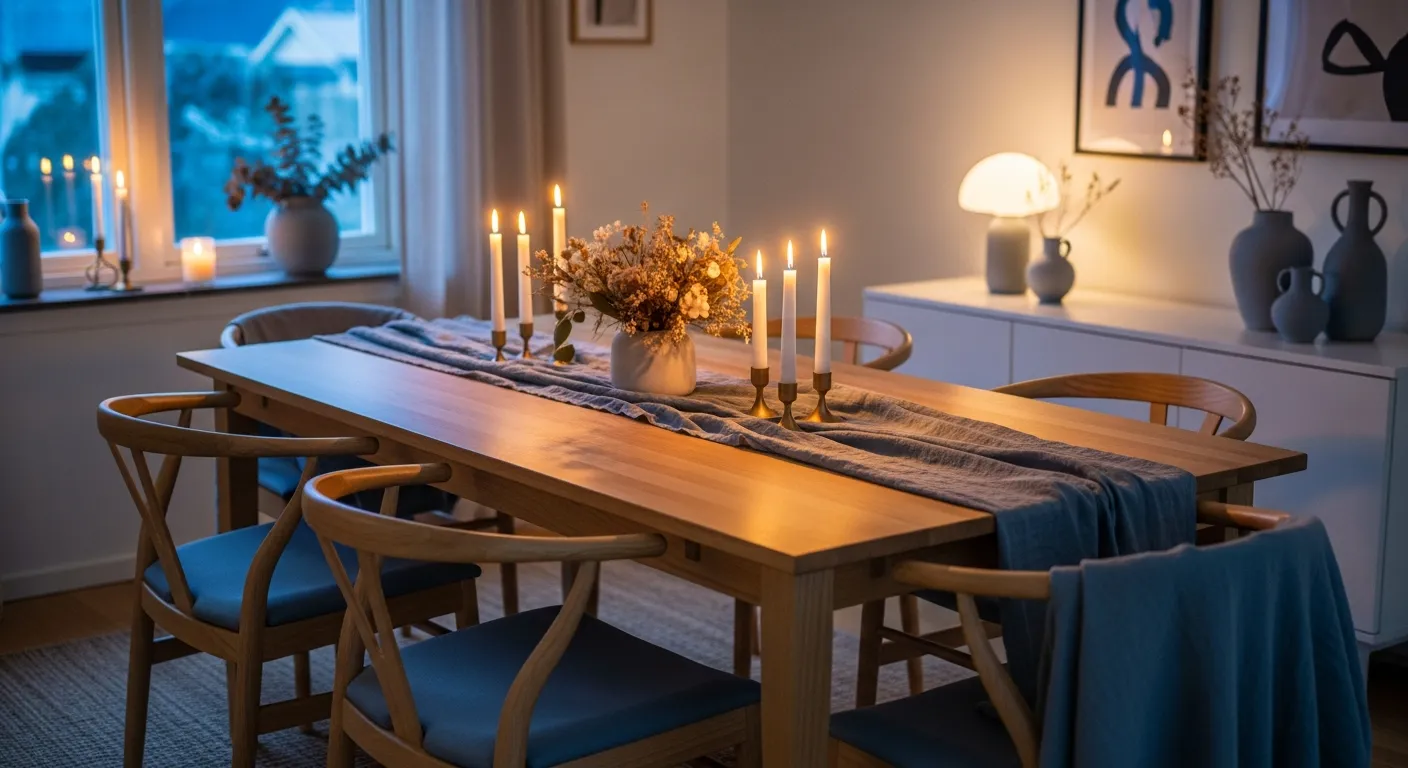 Light wood dining table and seating in a naturally lit Scandi dining room with dusty blue walls