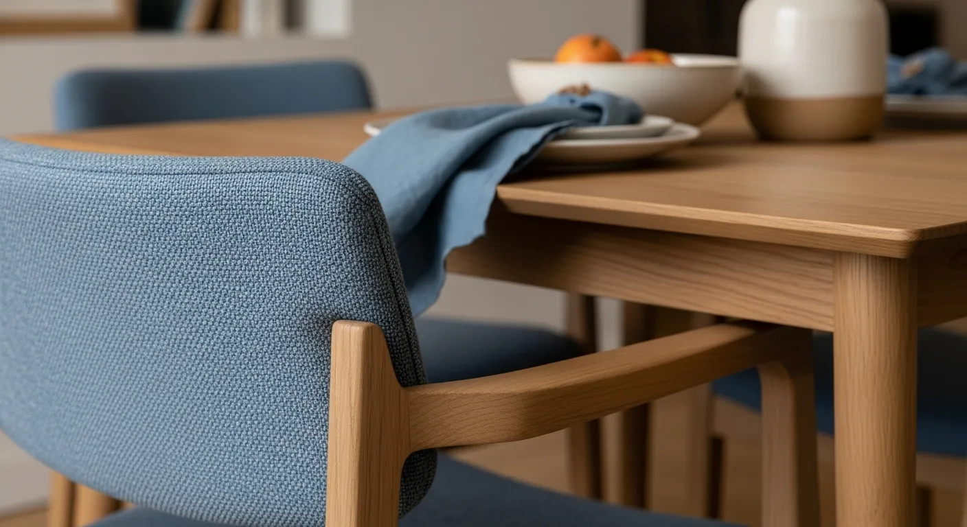 Minimalist light wood furniture set in a dusty blue Scandinavian dining room setup