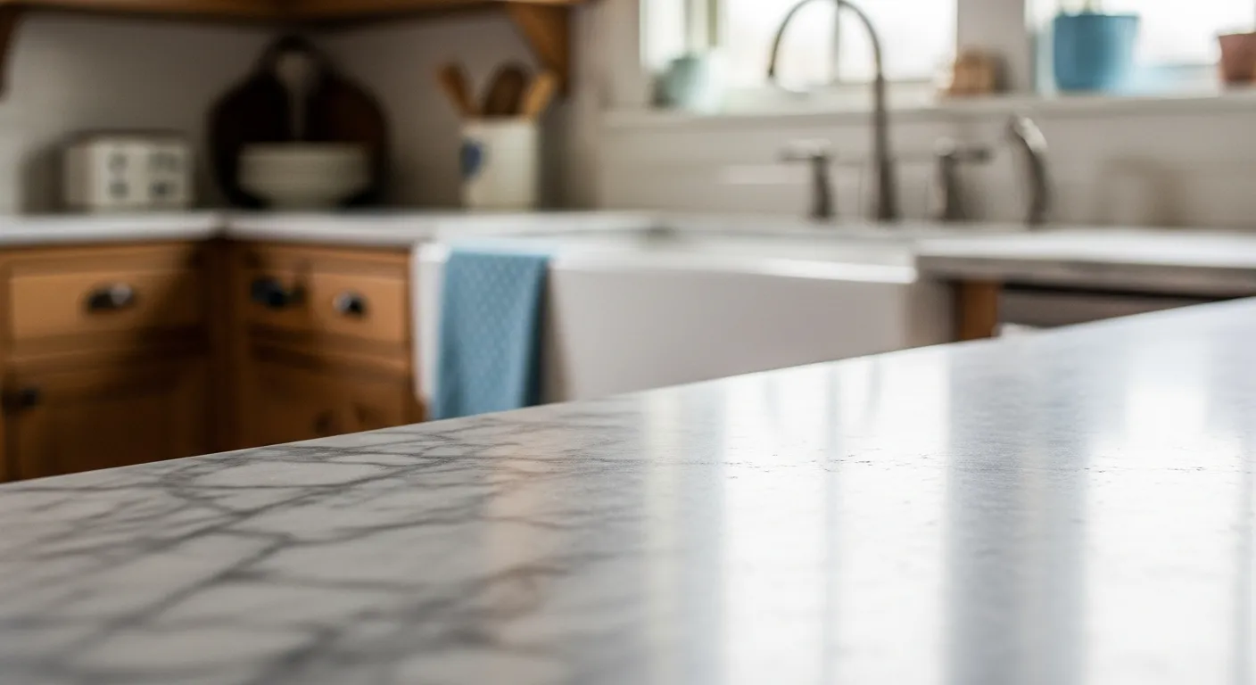 Cozy sky blue farmhouse kitchen with natural light and vintage lighting fixtures