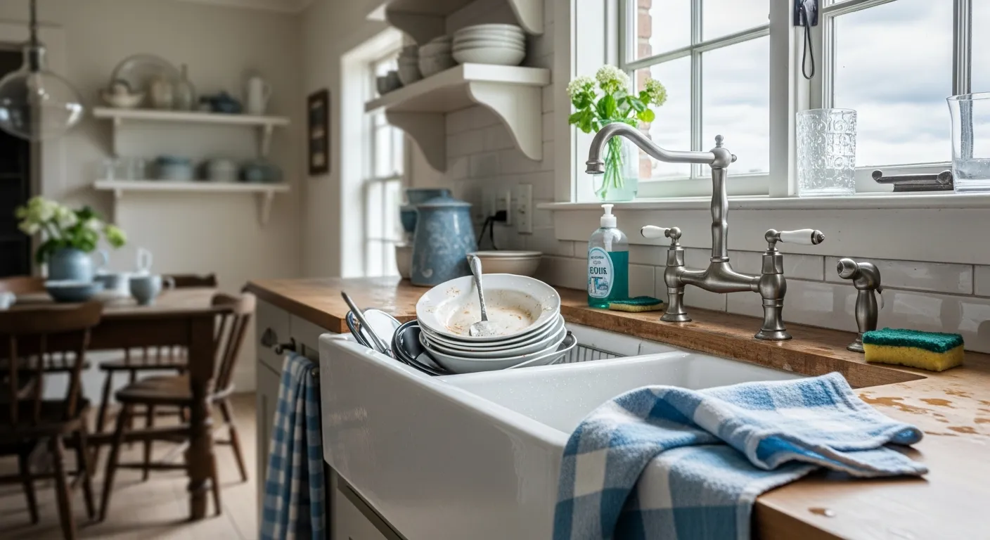 Charming rustic farmhouse kitchen featuring sky blue cabinetry and everyday rustic decor