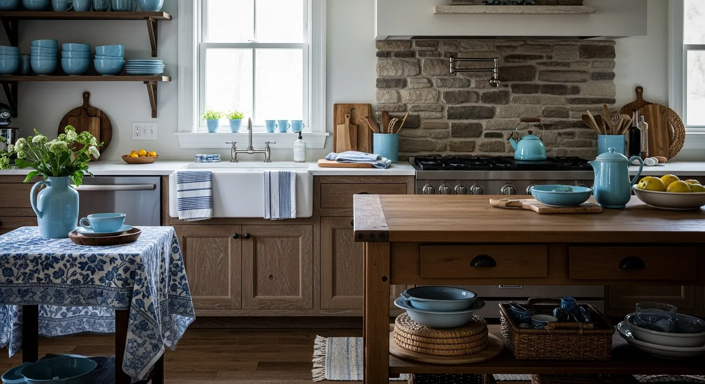Soft sky blue cabinets paired with warm wood tones in a charming farmhouse kitchen