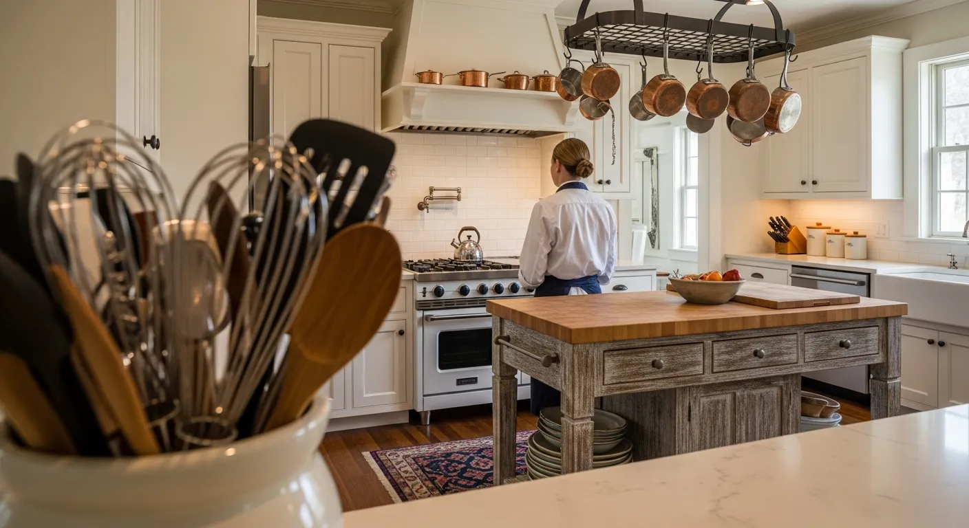 Airy farmhouse kitchen with sky blue base cabinets and white shaker upper cabinets