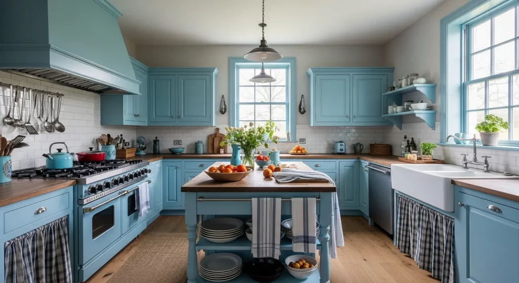 A cozy farmhouse kitchen featuring sky blue cabinets, white countertops, and rustic wood accents.