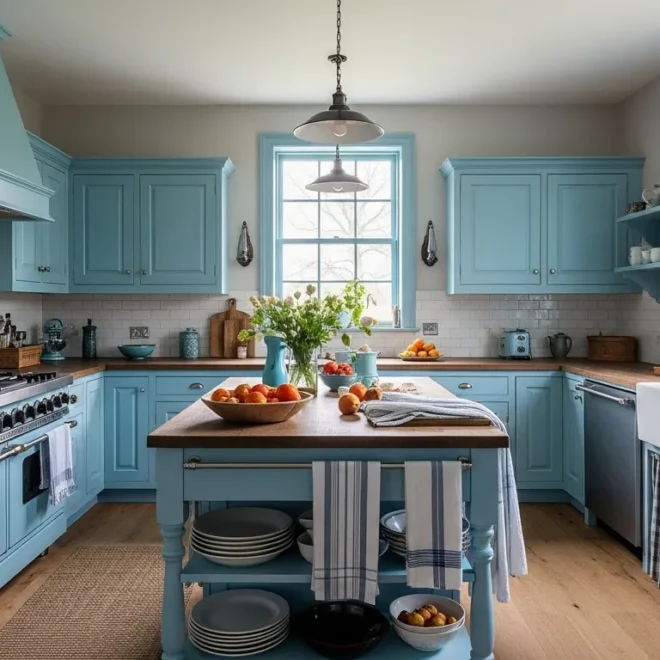 A cozy farmhouse kitchen featuring sky blue cabinets, white countertops, and rustic wood accents.
