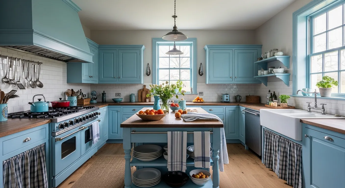 Sky blue cabinets in a cozy farmhouse setting, inspiring farmhouse kitchen decor ideas