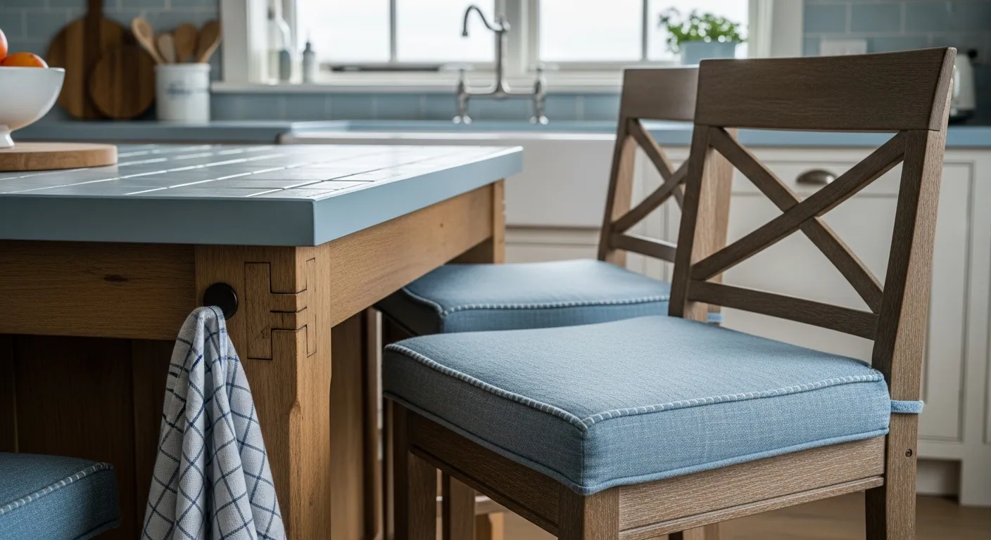 Apron sink and sky blue cabinets offering fresh Farmhouse Kitchen ideas
