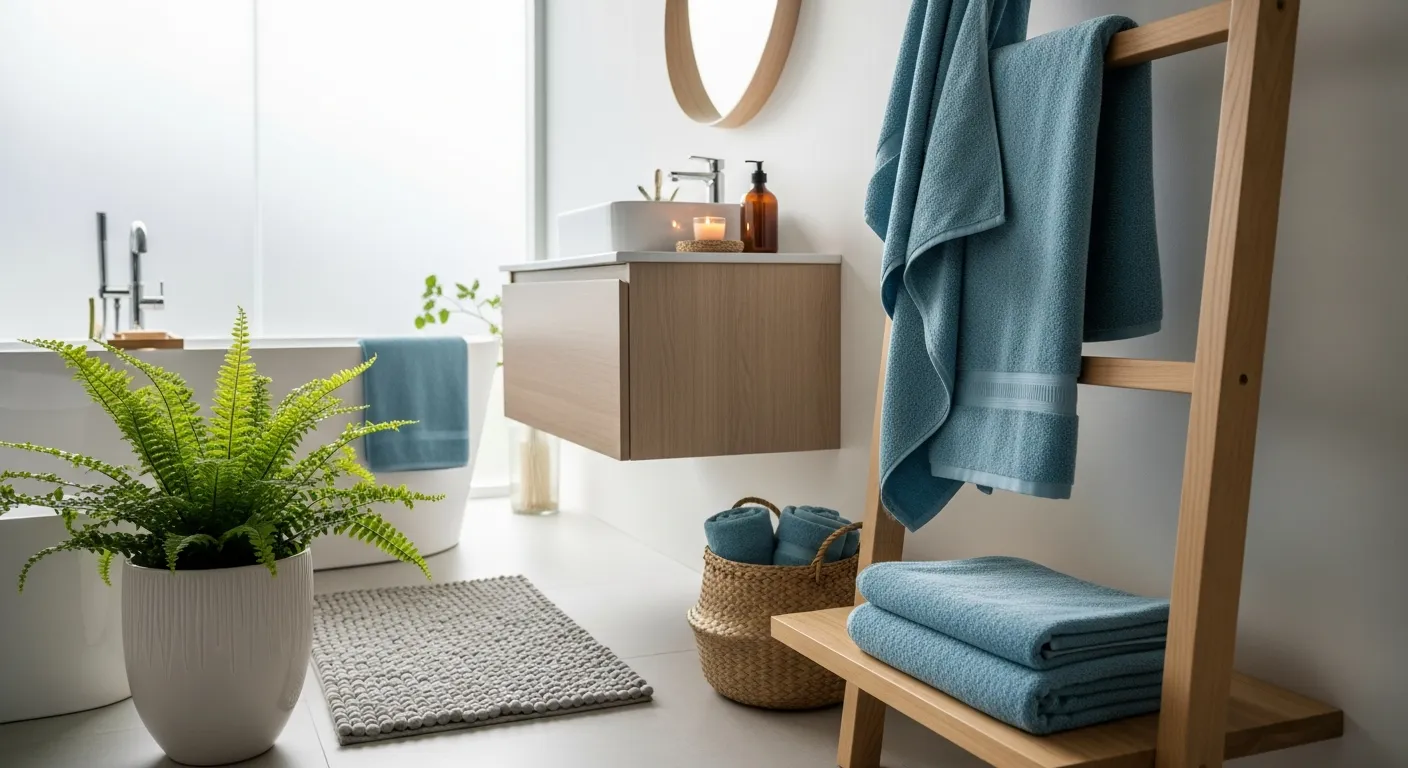 Styling and decor Scandi bathroom ideas with sky blue tiles and greenery