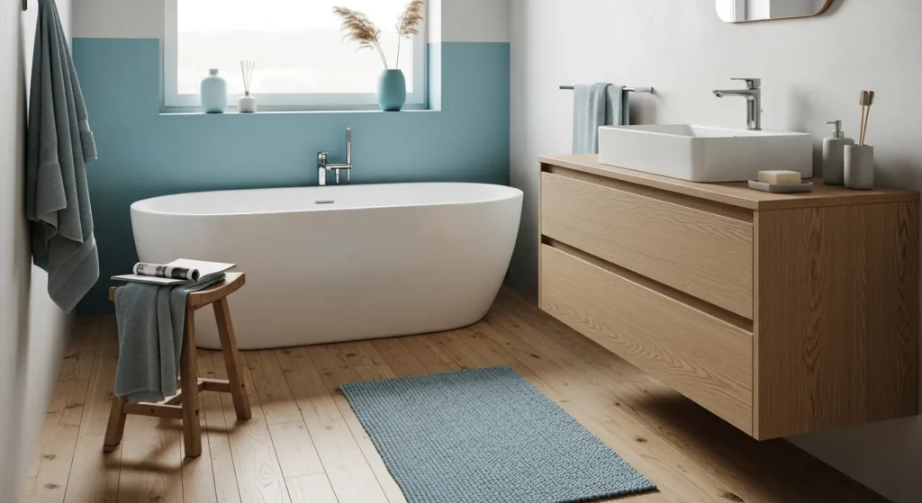 Minimalist Scandinavian bathroom featuring sky blue wall tiles and natural wood accents