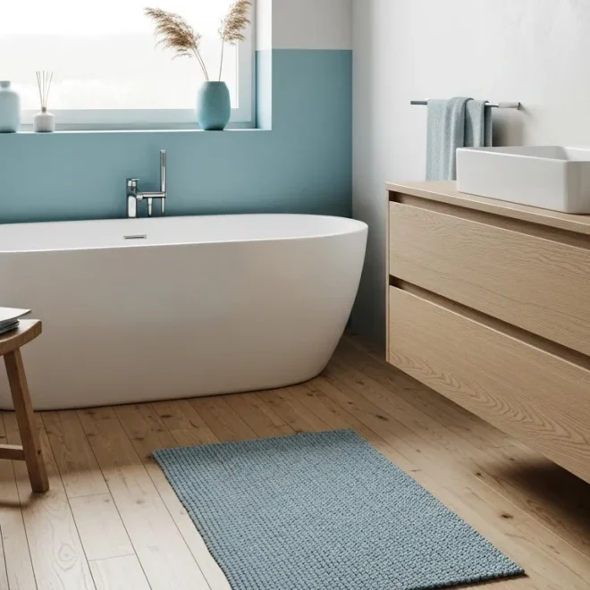 Minimalist Scandinavian bathroom featuring sky blue wall tiles and natural wood accents