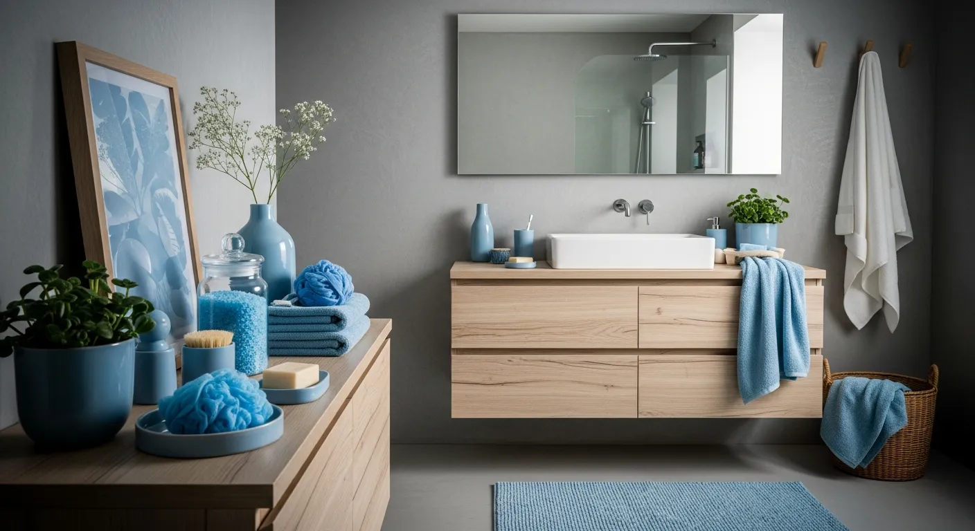 Color combination for Scandi bathroom ideas mixing sky blue vanity with light oak
