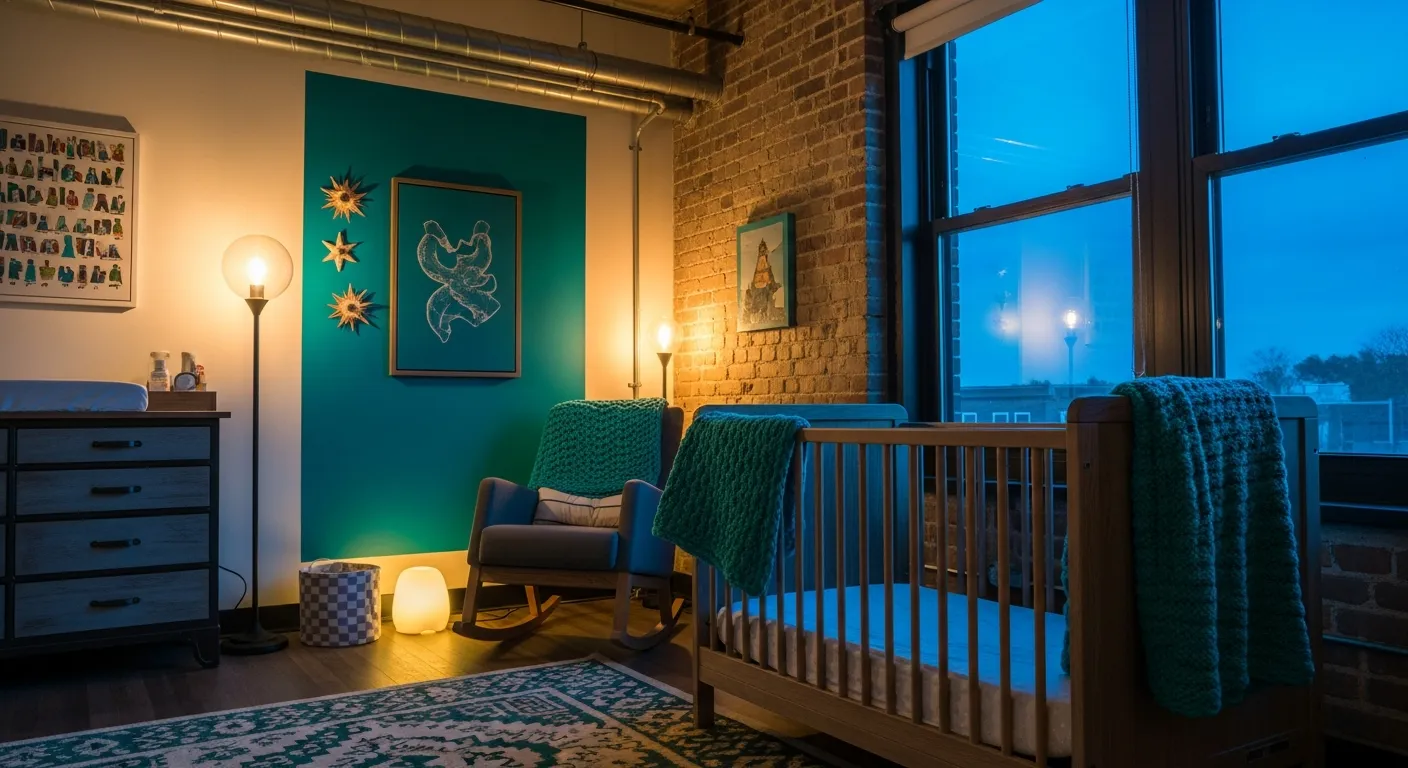 Exposed faux brick walls mixed with dark metal shelving and cozy textiles in an edgy industrial nursery