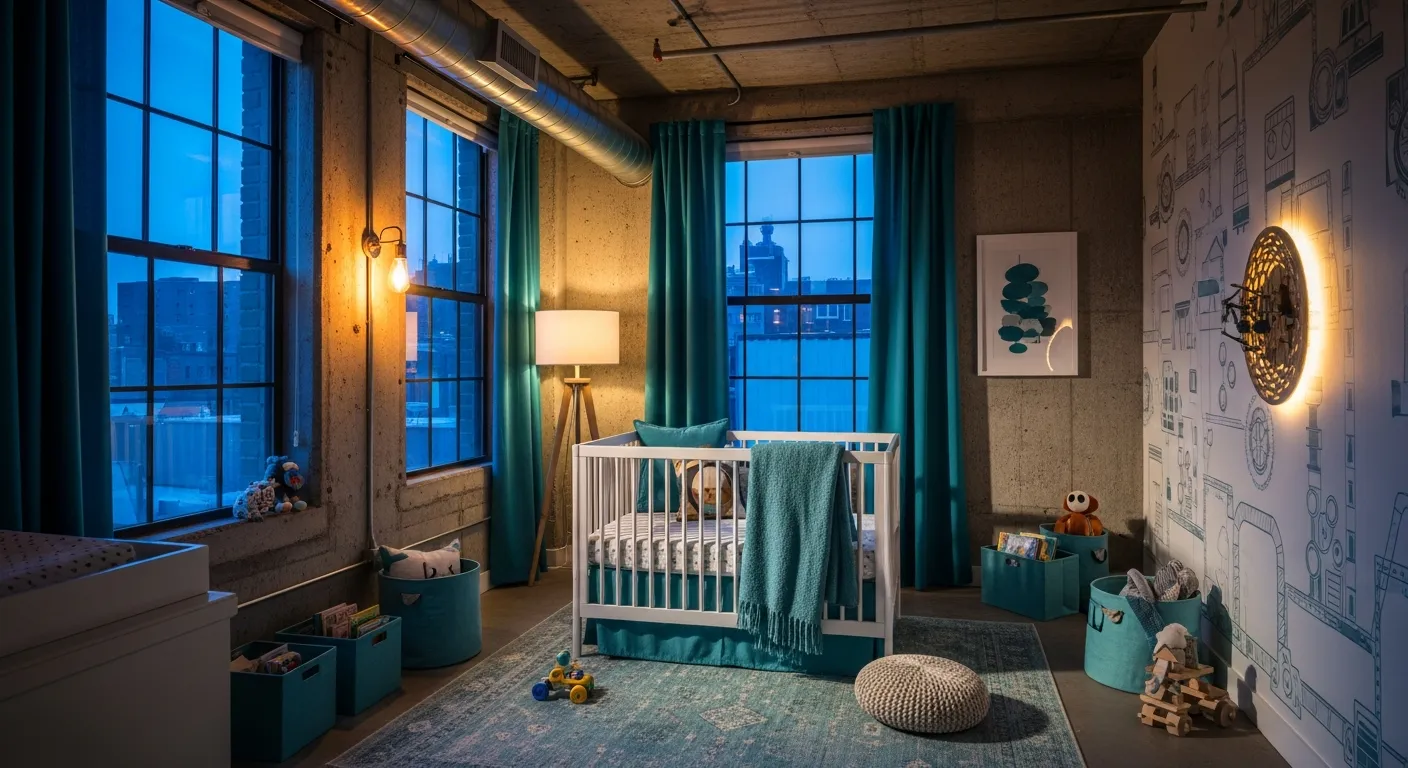 Vintage wooden furniture against deep teal painted walls in an affordable industrial nursery setup