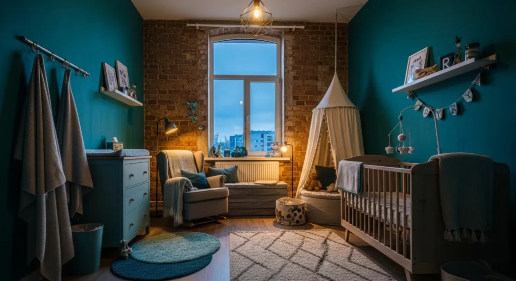 A stylish industrial nursery featuring deep teal accents, metal crib, and rustic wood details.