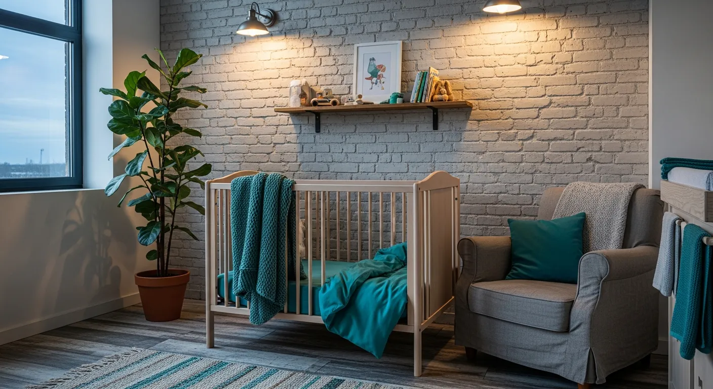 Budget-friendly styling tips for a cozy industrial kids room featuring dark teal walls, warm lighting, and a metal bed frame
