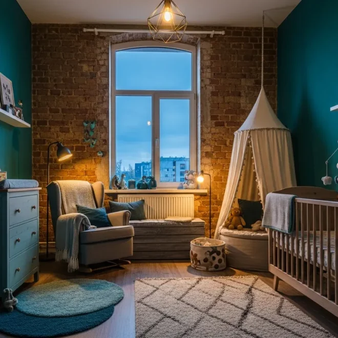 A stylish industrial nursery featuring deep teal accents, metal crib, and rustic wood details.