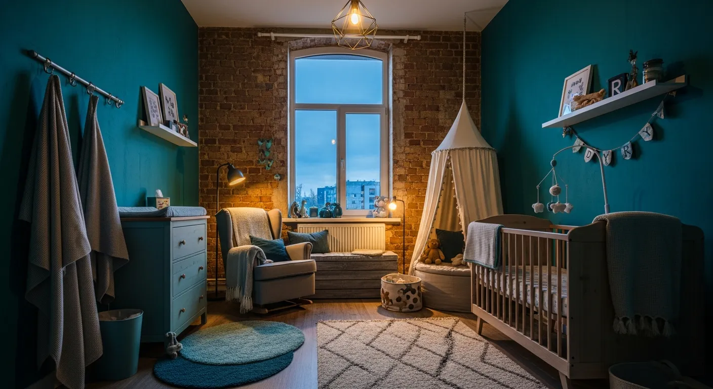 Deep teal walls in an industrial nursery featuring a dark metal crib and rustic wood decor elements