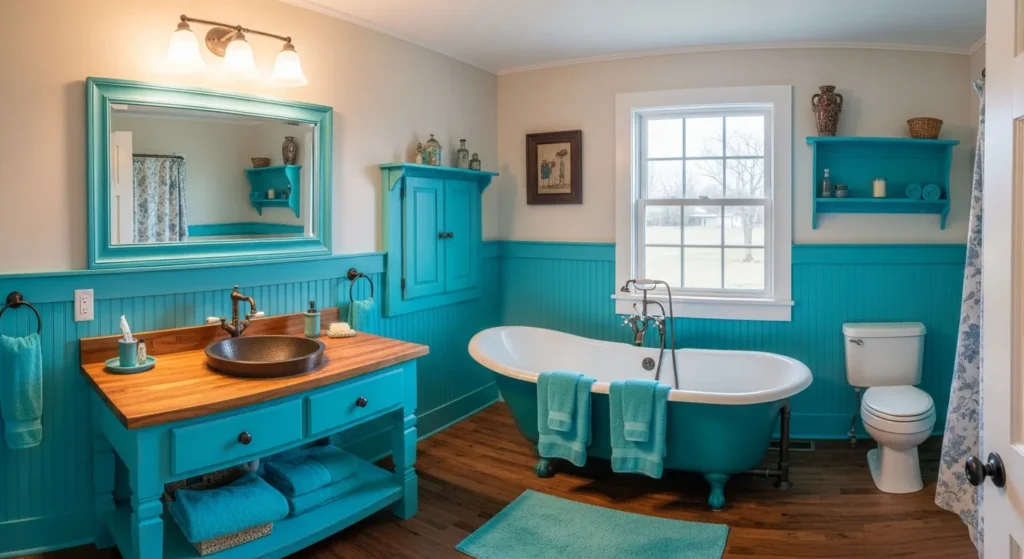 Farmhouse bathroom featuring a turquoise vanity cabinet, white shiplap walls, and rustic wood mirror
