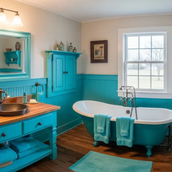 Farmhouse bathroom featuring a turquoise vanity cabinet, white shiplap walls, and rustic wood mirror