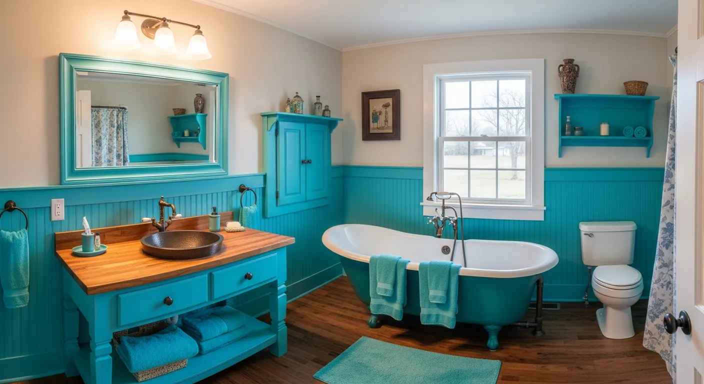 Turquoise vanity cabinet with white shiplap in a bright farmhouse bathroom setup