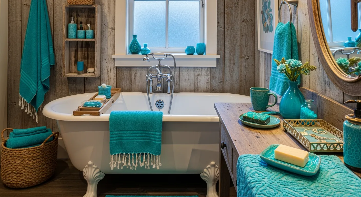 Vintage farmhouse bathroom styling with turquoise vanity and natural wood elements