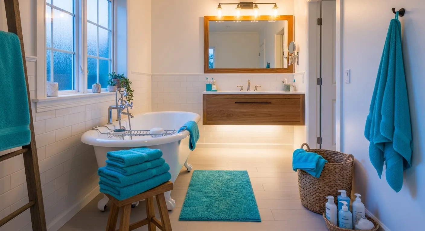 Charming farmhouse bathroom decor with turquoise cabinetry and rustic textures