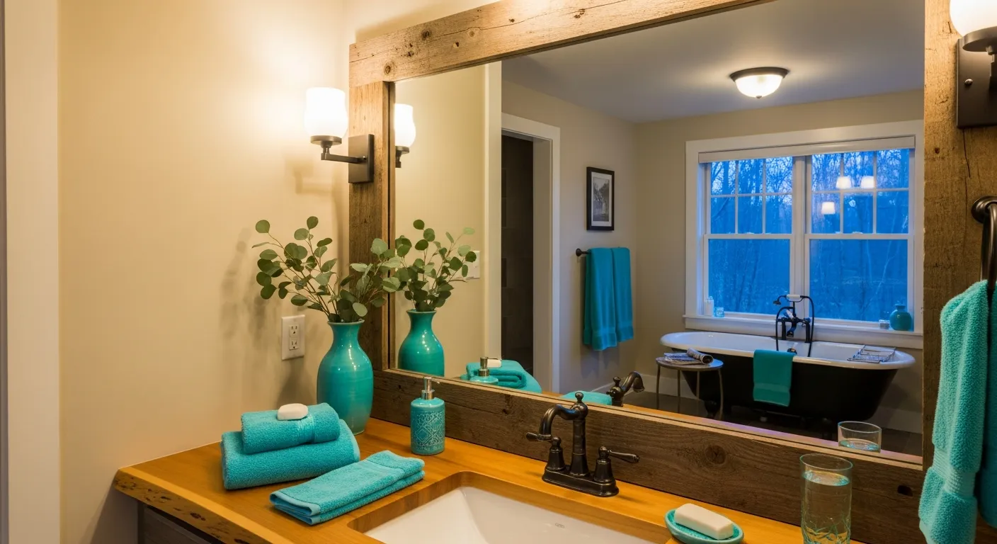 Distressed turquoise vanity detail in a white shiplap farmhouse bathroom